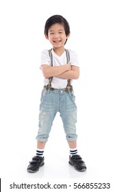 Cute Asian Child  In White T-shirt And Jeans Standing On White Background Isolated