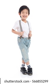 Cute Asian Child  In White T-shirt And Jeans Standing On White Background Isolated