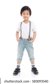 Cute Asian Child  In White T-shirt And Jeans Standing On White Background Isolated