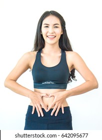 Cute asian girl with her hands on belly isolated on white (belly)