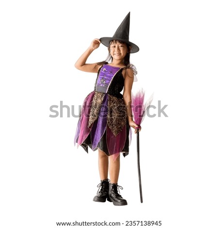 Cute asian girl Wear witch clothes with a broom Halloween concept, Standing posing full body portrait isolated on white background, Clipping Paths for design work