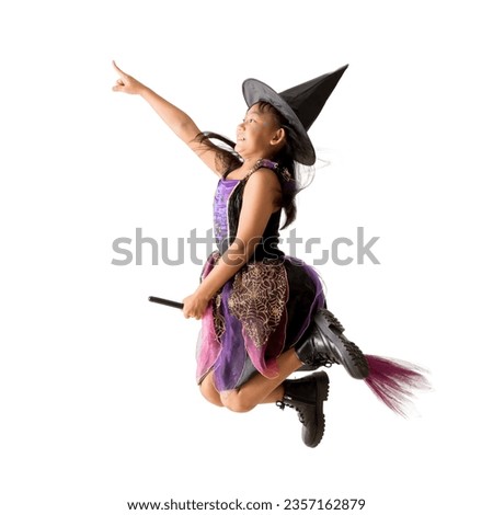 Cute asian girl Wear witch clothes with a broom Halloween concept, Standing posing full body portrait isolated on white background, Clipping Paths for design work