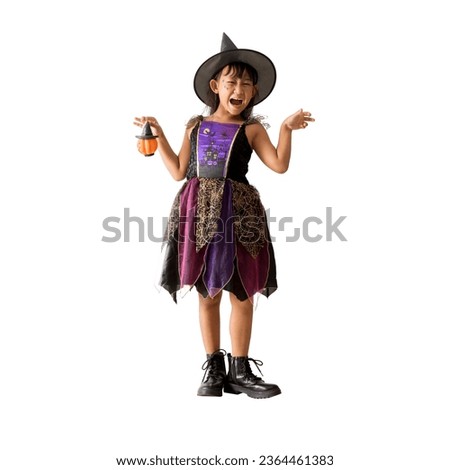 Cute asian girl Wear witch clothes costume Halloween concept, Holding pumpkin Standing posing full body portrait isolated on white, Clipping Paths for design work