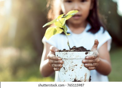 Cute asian little child girl holding young tree in pot for prepare plant on ground as save world concept in vintage color tone