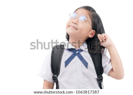 cute asian student wear glasses with bag thinking isolated on white background