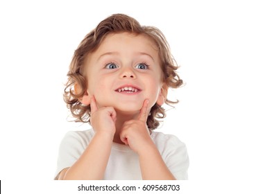 Cute Baby Boy Indicating His Smile Isolated On A White Background