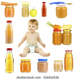 Cute Baby Boy And Products For Feeding Isolated On White