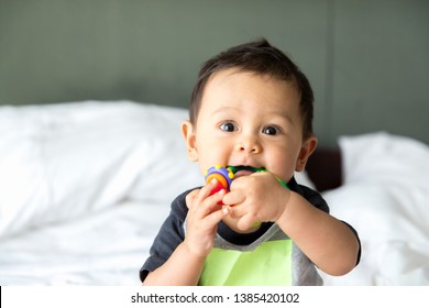 Cute baby boy sitting and playing with toys. Adorable nine month old child chewing a toy. Baby teething, mixed race Romanian Thai.