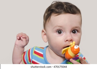 Cute Baby Boy Sitting And Playing With Toys. Adorable Six Month Old Child Chewing A Toy. Baby Teething.