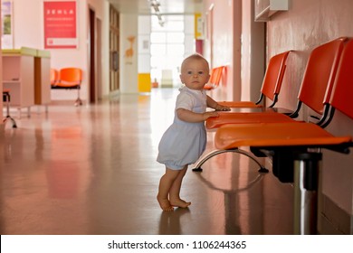 Cute Baby Boy, Toddler Child In Waiting Room In Hospital, Waiting For Monthly Check Up