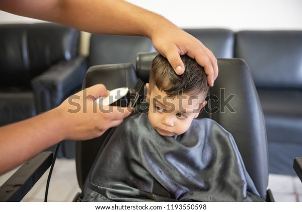 Cute Baby Boy Toddler Cutting Hair Stock Photo Edit Now 1193550598