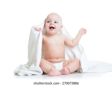 Cute Baby Boy With Towel After Bath Or Shower