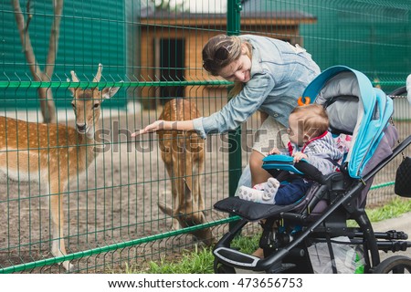 Cute baby boy with young mother feeding little deer through fence in zoo