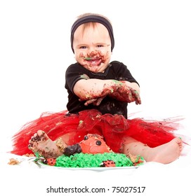 Cute Baby And Cake. Isolated On White Background