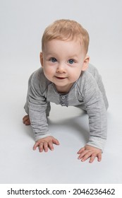 Cute baby crawling on white studio background, looking at you, smiling. Child is dressed in gray jumpsuit. Blond caucasian boy with blue eyes smiles cheerfully. Eye contact. Advertising baby concept.