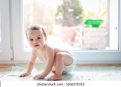 Cute baby in diaper crawling next to window home. Little mixed race Asian-German infant about 7-8 months old first crawl with copy space for text.