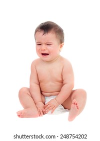 Cute baby in diaper crying isolated on a white background