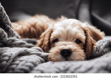 Cute Baby Dog Puppy Slepping On On Sofa Under Blanket.