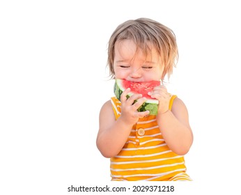 Cute Baby Eating Red Juicy Watermelon Isolated On White Background