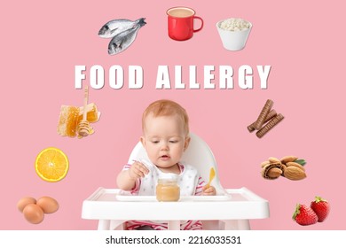 Cute Baby With Food Allergy To Different Products Sitting In High Chair Against Pink Background