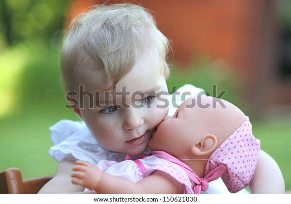 Cute Baby Girl Blond Hair Blue Stock Photo Edit Now 150621830