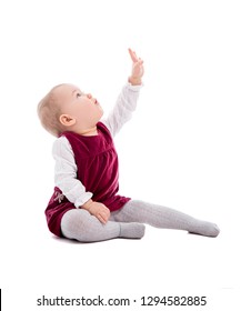 Cute Baby Girl Pointing Up Isolated On White Background