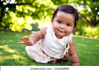 Cute Baby Girl With A Smile On Her Face, Reaching Out To Take Her First Crawling Step On A Lush Green Lawn At An Outdoor Park, Of Mixed Ethnic Race.