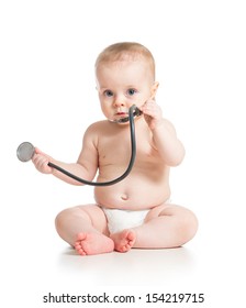 Cute Baby Girl With Stethoscope In Hands