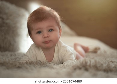 Cute baby girl in white clothes close up crawling on bed. Adorable kid portrait. 3 month old child - Powered by Shutterstock