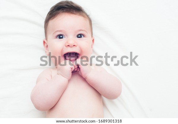 Cute Baby Lying Bed Looking Camera Stock Photo Edit Now