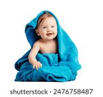 Cute baby playing and laughing in cozy blanket. Isolated on white background.