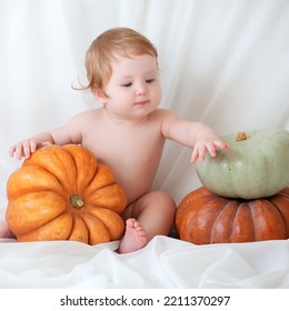 Cute baby posing on the background of pumpkins. Thanksgiving greetings - Shutterstock ID 2211370297