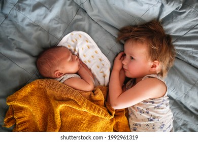 Cute Baby Siblings Sleep Together, Newborn Baby And Toddler Older Sister, Sibling Relationship In The Family When The Youngest Was Born