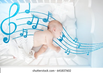 Cute Baby Sleeping In Cradle. Lullaby Songs And Music Concept