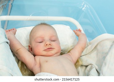 Cute baby is sleeping in small transparent portable plastic bed. Baby  is lying in a hospital crib. Pandiculation. Funny yawns and stretches hands