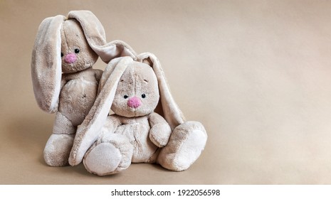 a cute baby soft toys bunnies together, brown copyspace background