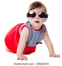 Cute Baby With Sunglasses Isolated On White Background