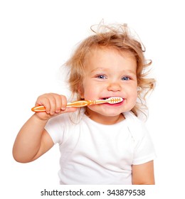 Cute Baby Toddler Brushing Teeth. Isolated On White Background.