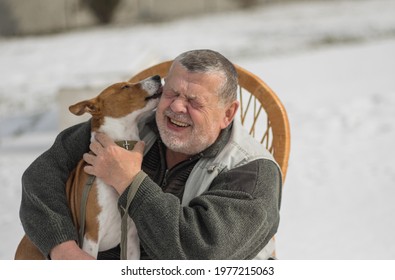 Cute basenji dog whisper its master love you while sitting on the hands of Caucasian senior man  at winter season - Powered by Shutterstock