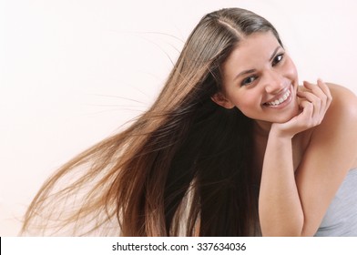 Cute Beautiful Woman With Pure Skin And Strong Healthy Bright Hair, Spa Beauty Concept