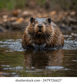 Cute Beaver in water doing  work