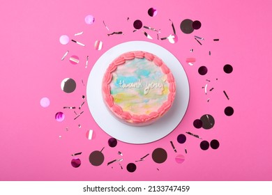 Cute Bento Cake With Tasty Cream And Confetti On Pink Background, Flat Lay