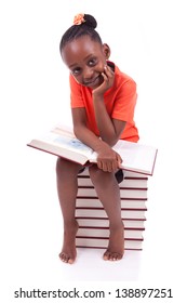 Cute Black African American Little Girl Reading A Book, Isolated On White Background - African People - Children