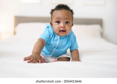 A Cute Black Afro American Baby On Parent Bed