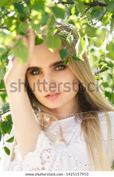 Cute Blond Girl Green Eyes Closeup Stock Photo Edit Now 1425117953