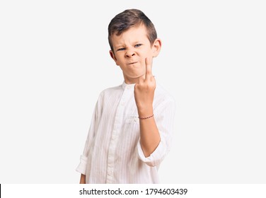 Cute Blond Kid Wearing Elegant Shirt Showing Middle Finger, Impolite And Rude Fuck Off Expression 