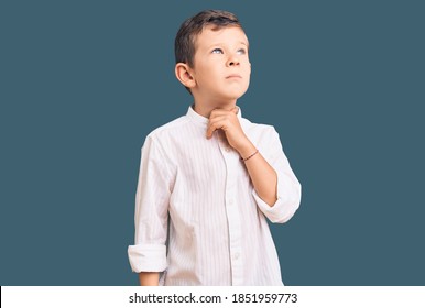 Cute Blond Kid Wearing Elegant Shirt Touching Painful Neck, Sore Throat For Flu, Clod And Infection 