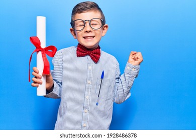 Cute Blond Kid Wearing Nerd Bow Tie And Glasses Holding Diploma Screaming Proud, Celebrating Victory And Success Very Excited With Raised Arm 