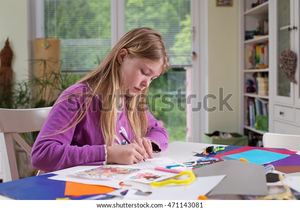 Cute Blonde Hair Girl Sitting Table Stock Photo Edit Now