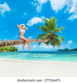 Cute Blonde Woman In White Bikini And Hat At Palm Tree Against Tropical Island Beach And Azure Ocean - Vacation Background